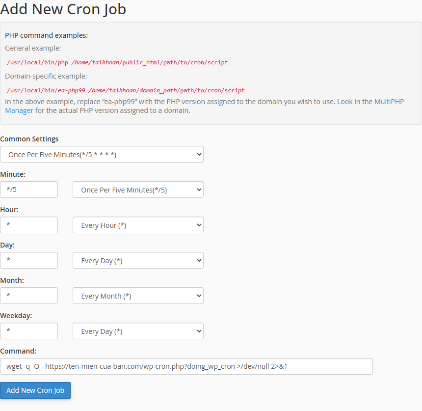 Màn hình Add New Cron Job trong cPanel điền tần suất 5 phút và lệnh wget gọi wp-cron.php