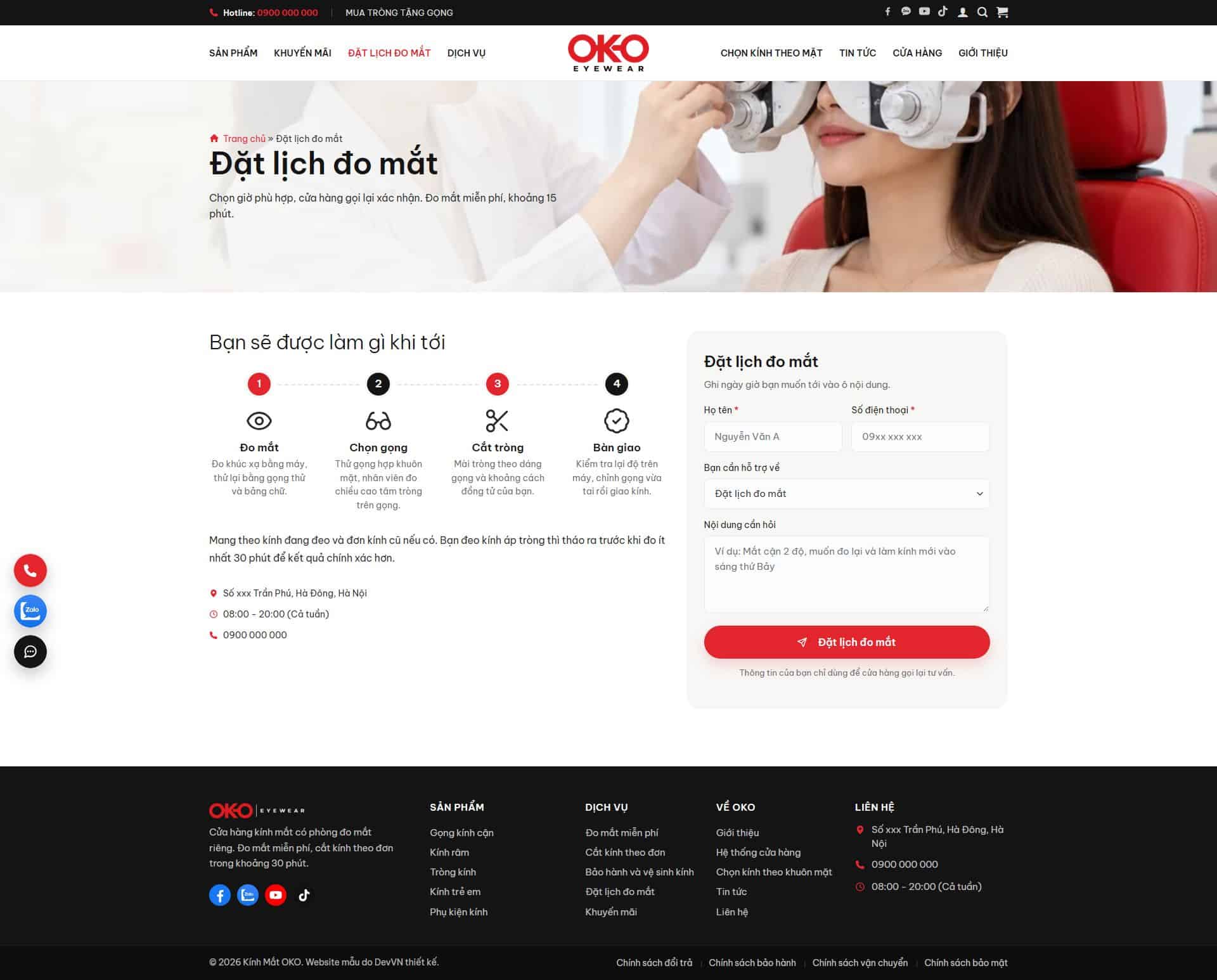 Trang đặt lịch đo mắt có form để lại họ tên, số điện thoại và giờ muốn tới
