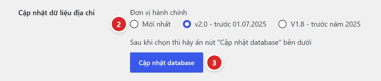 Mục Công cụ trong tab Cài đặt chung: chọn đơn vị hành chính Mới nhất rồi bấm Cập nhật database
