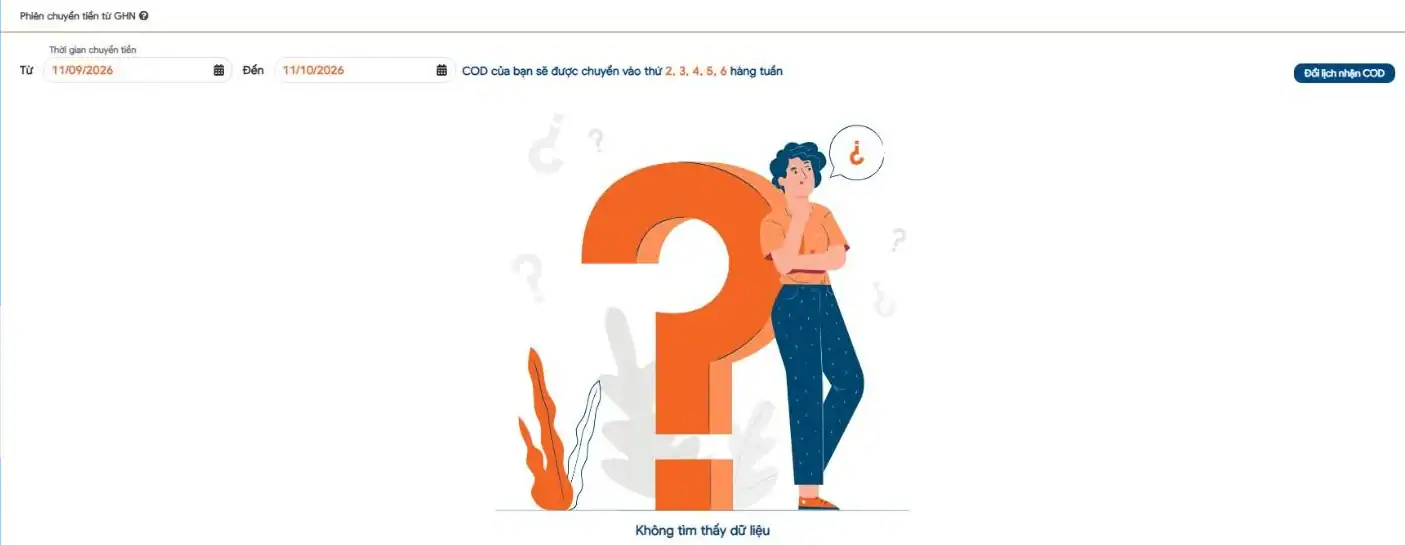 Trang COD và đối soát trên khachhang.ghn.vn với phiên chuyển tiền từ GHN, lịch chuyển COD thứ 2 đến thứ 6 và nút Đổi lịch nhận COD