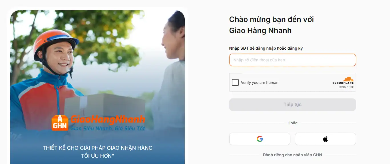 Trang đăng ký tài khoản GHN tại sso.ghn.vn với ô nhập số điện thoại, xác minh Cloudflare và nút Tiếp tục