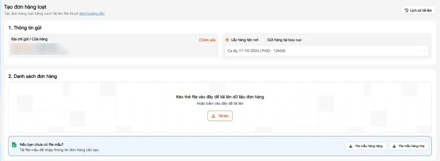 Trang Tạo đơn hàng loạt bằng Excel trên khachhang.ghn.vn với Thông tin gửi, khu kéo thả file, File mẫu hàng nặng và File mẫu hàng nhẹ