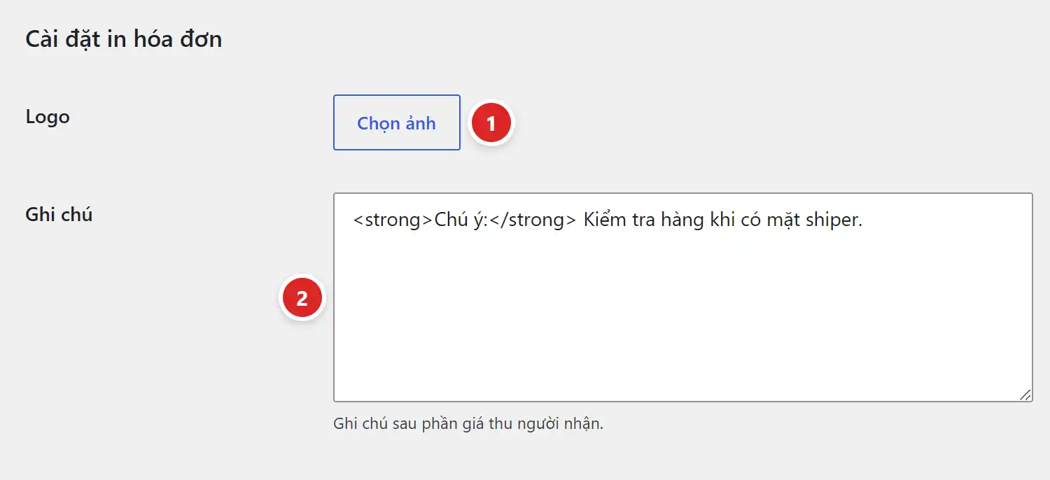 Khối Cài đặt in hóa đơn: chọn logo và ghi chú in trên phiếu