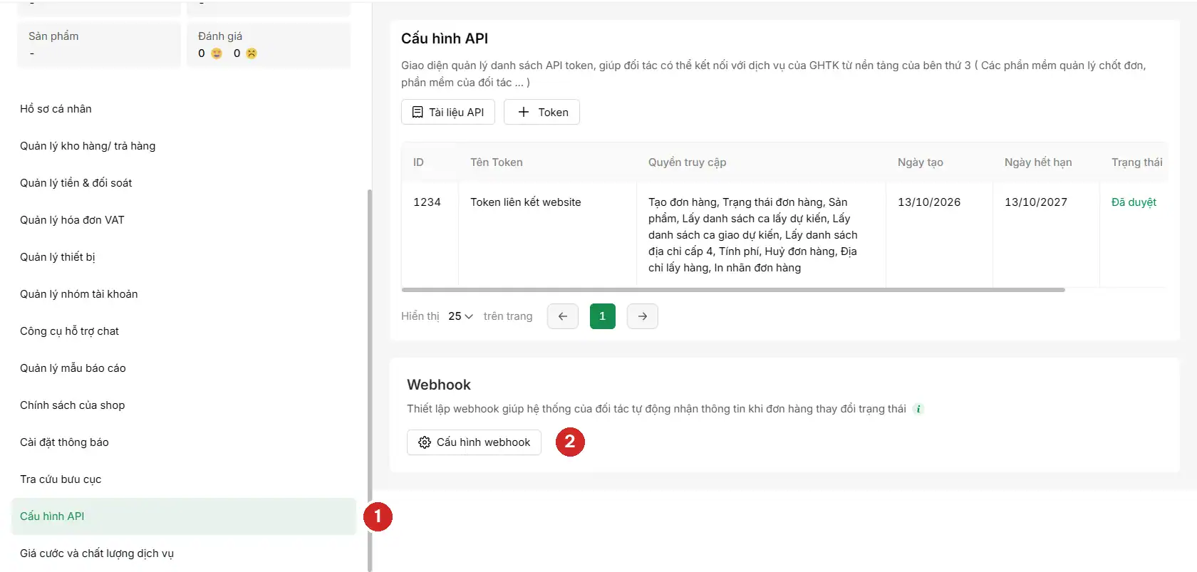 Trang Thông tin tài khoản trên GHTK: mục Cấu hình API ở cột trái và nút Cấu hình webhook ở khối Webhook