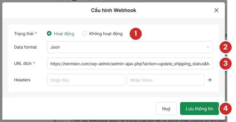 Hộp Cấu hình Webhook trên GHTK: Trạng thái Hoạt động, Data format Json, URL đích, nút Lưu thông tin