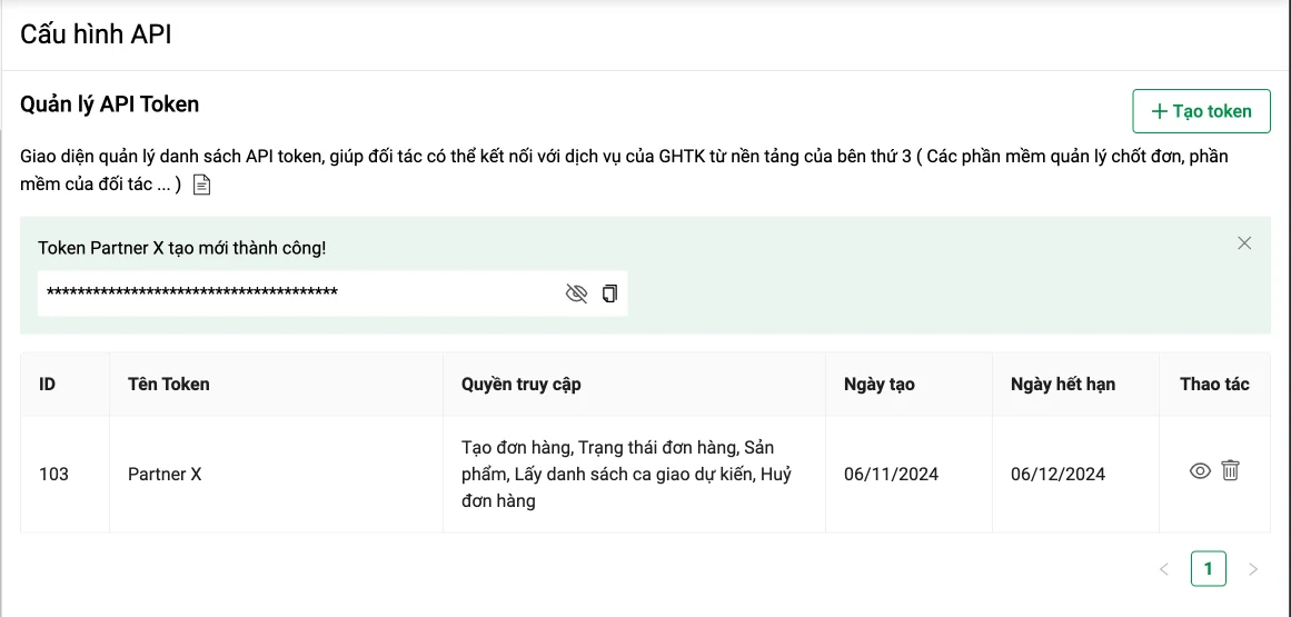 Màn hình Quản lý API Token của GHTK sau khi tạo token mới thành công