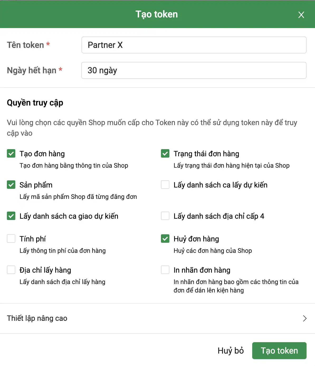 Hộp thoại Tạo token của GHTK: tên token, ngày hết hạn và danh sách quyền truy cập