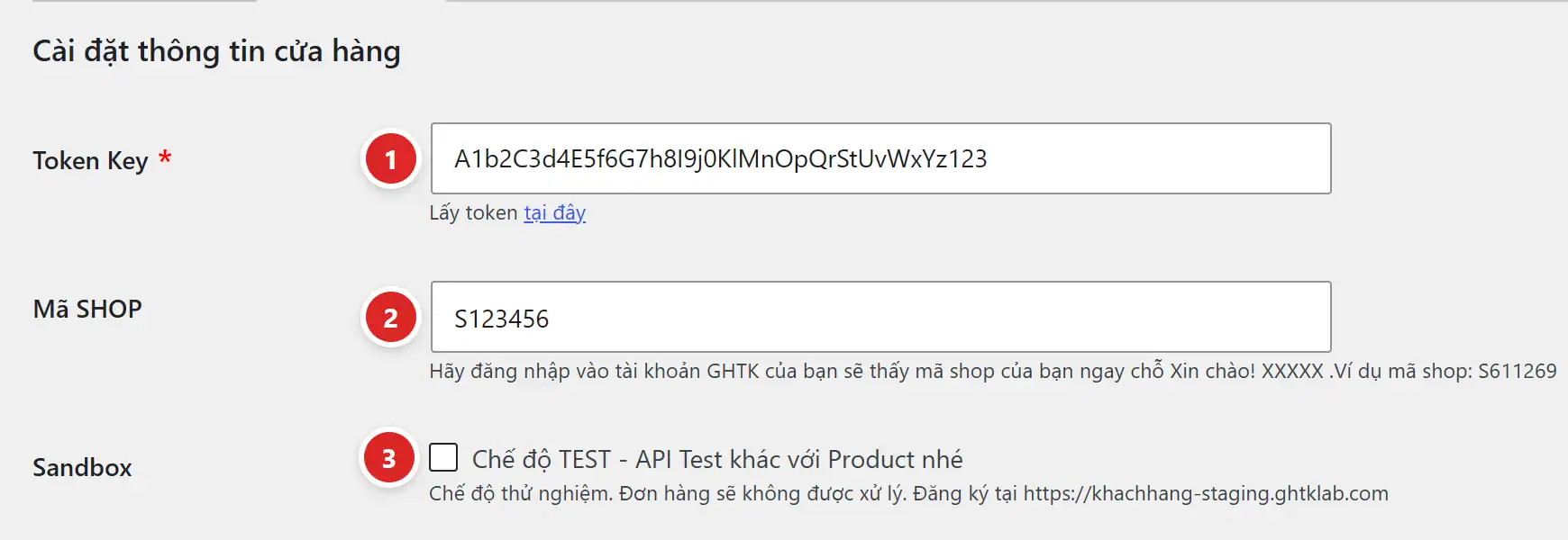 Ô Token Key, mã SHOP và chế độ Sandbox trong tab Cài đặt GHTK của plugin