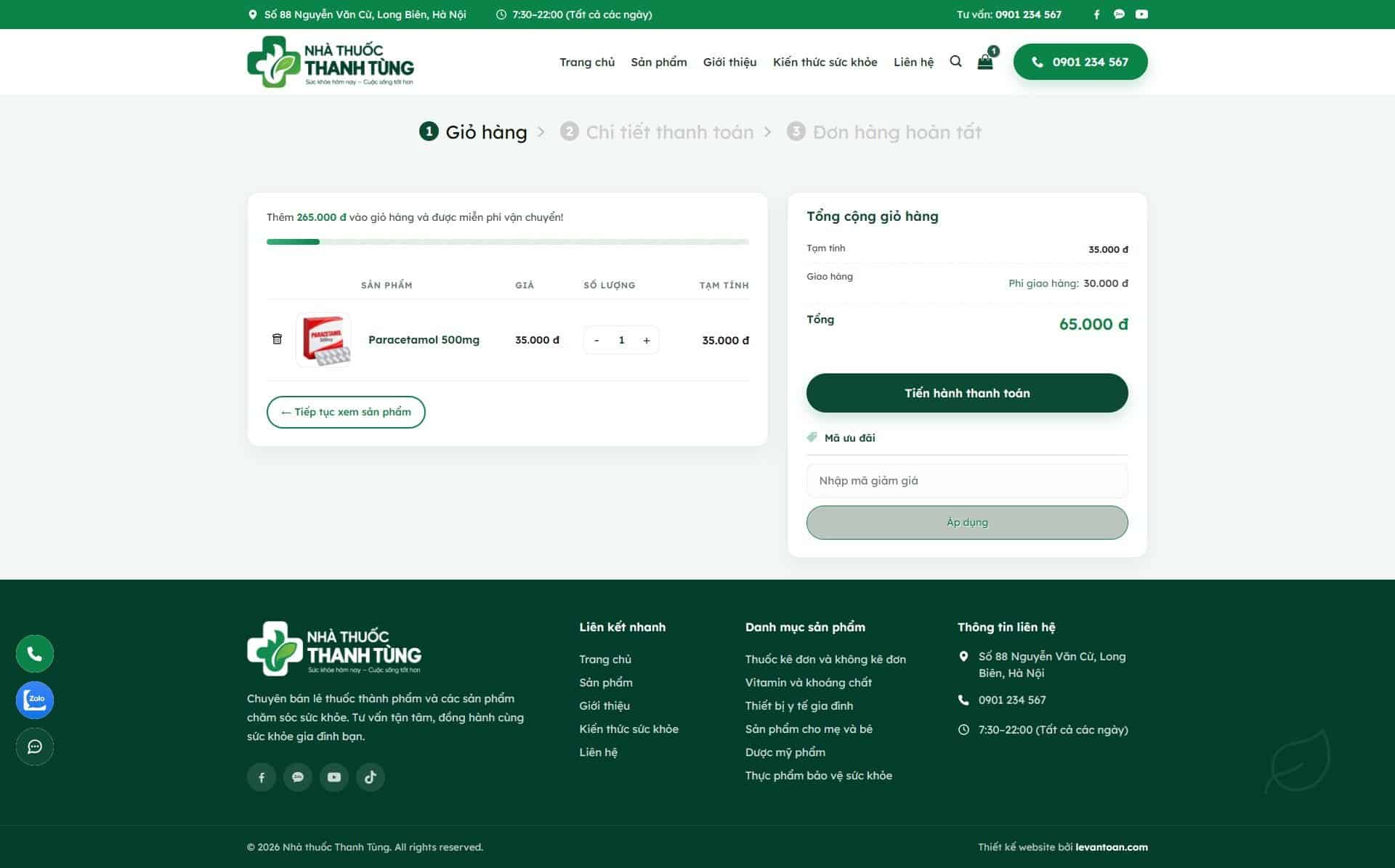 Giỏ hàng mẫu website nhà thuốc với thanh 3 bước và mức miễn phí giao hàng