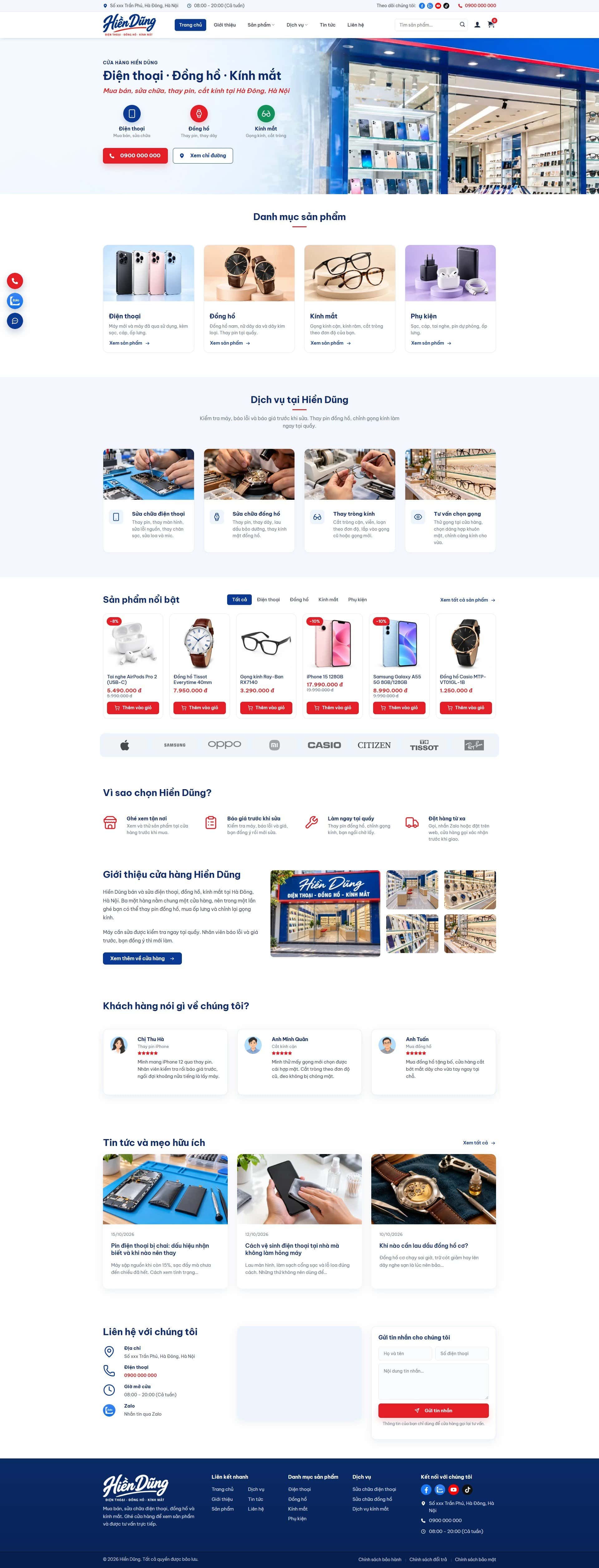 Trang chủ mẫu website bán điện thoại, đồng hồ, kính mắt: nhóm hàng, sản phẩm nổi bật, dịch vụ sửa chữa