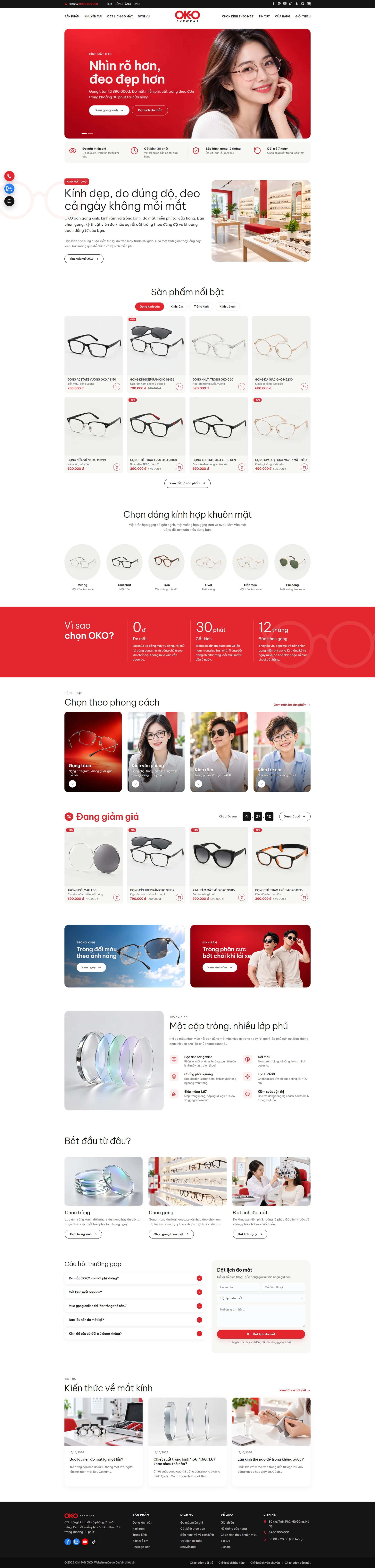 Trang chủ mẫu website cửa hàng kính mắt: banner, sản phẩm nổi bật theo nhóm, chọn dáng kính theo khuôn mặt, đang giảm giá