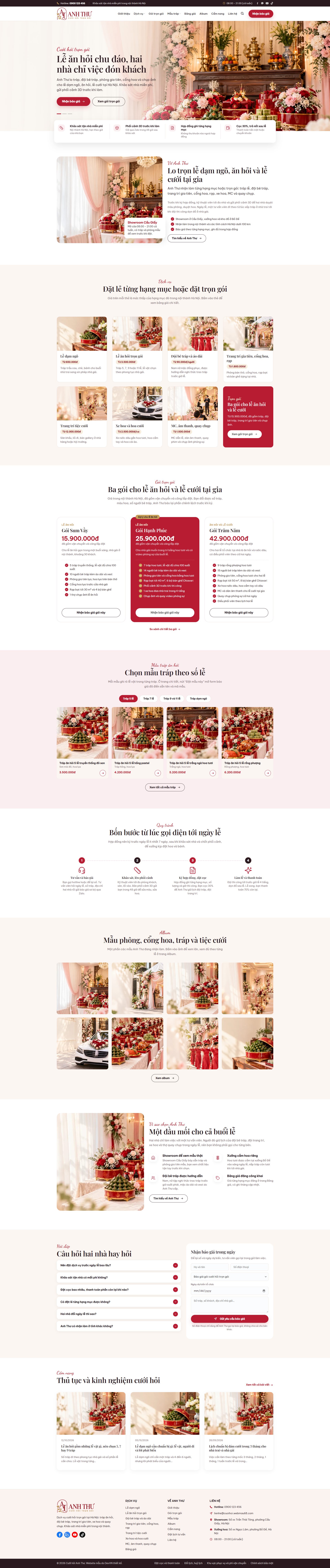 Trang chủ mẫu website dịch vụ cưới hỏi trọn gói: banner, lưới dịch vụ có giá từ, ba gói trọn gói, mẫu tráp theo số lễ, quy trình 4 bước và album