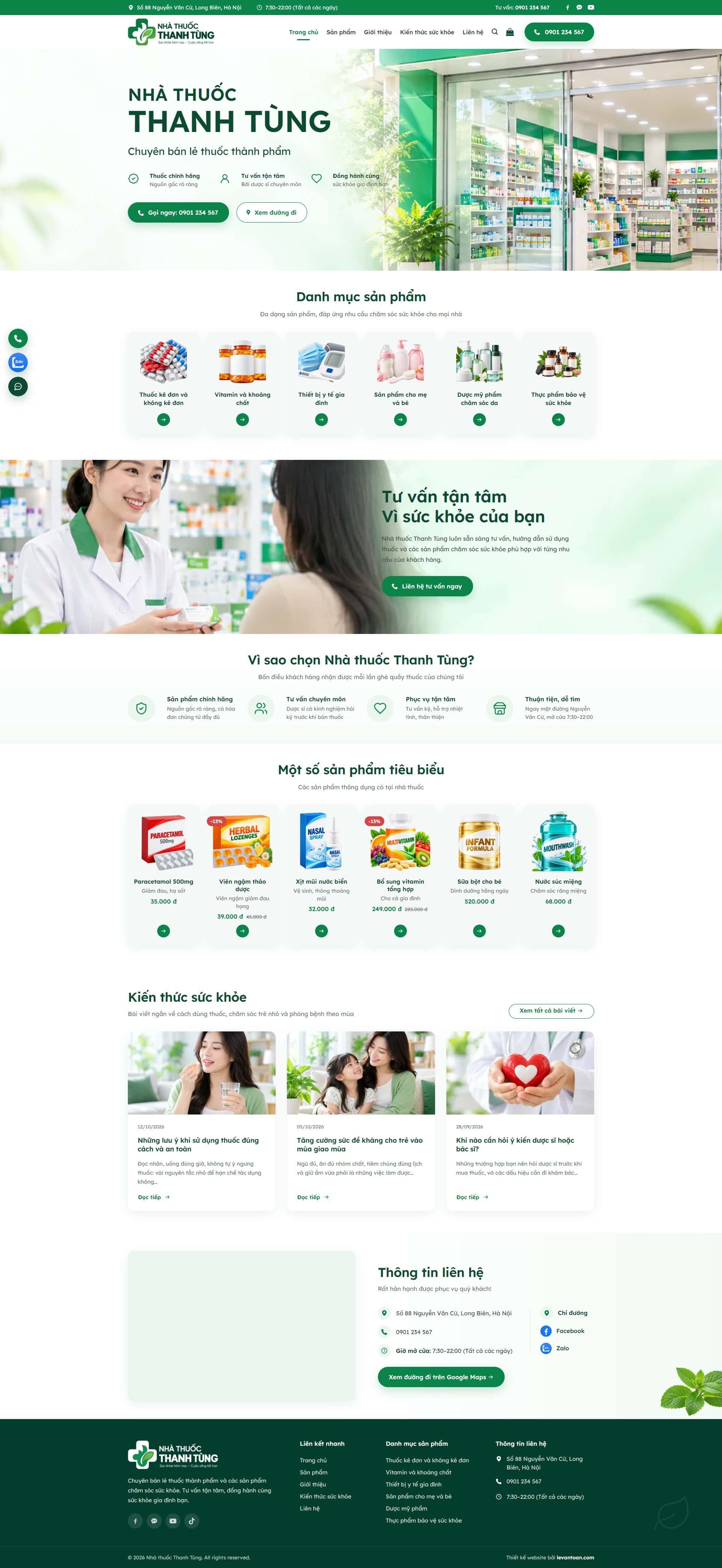 Trang chủ mẫu website nhà thuốc: danh mục thuốc, sản phẩm tiêu biểu có giá, kiến thức sức khỏe