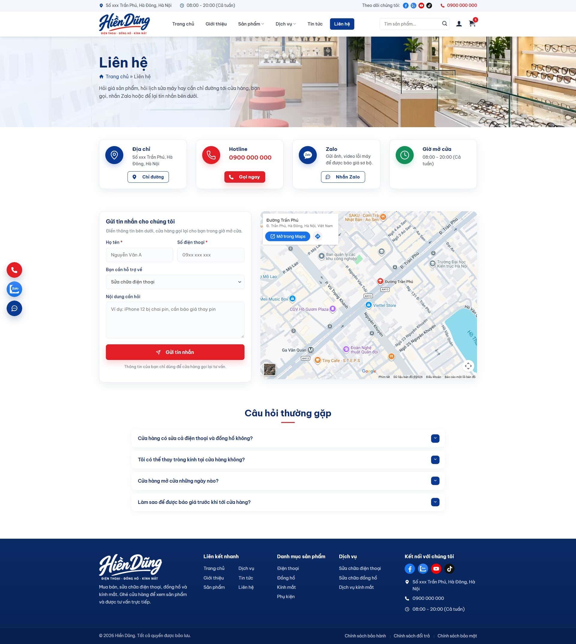 Trang liên hệ cửa hàng: địa chỉ, hotline, Zalo, giờ mở cửa, form tư vấn, bản đồ