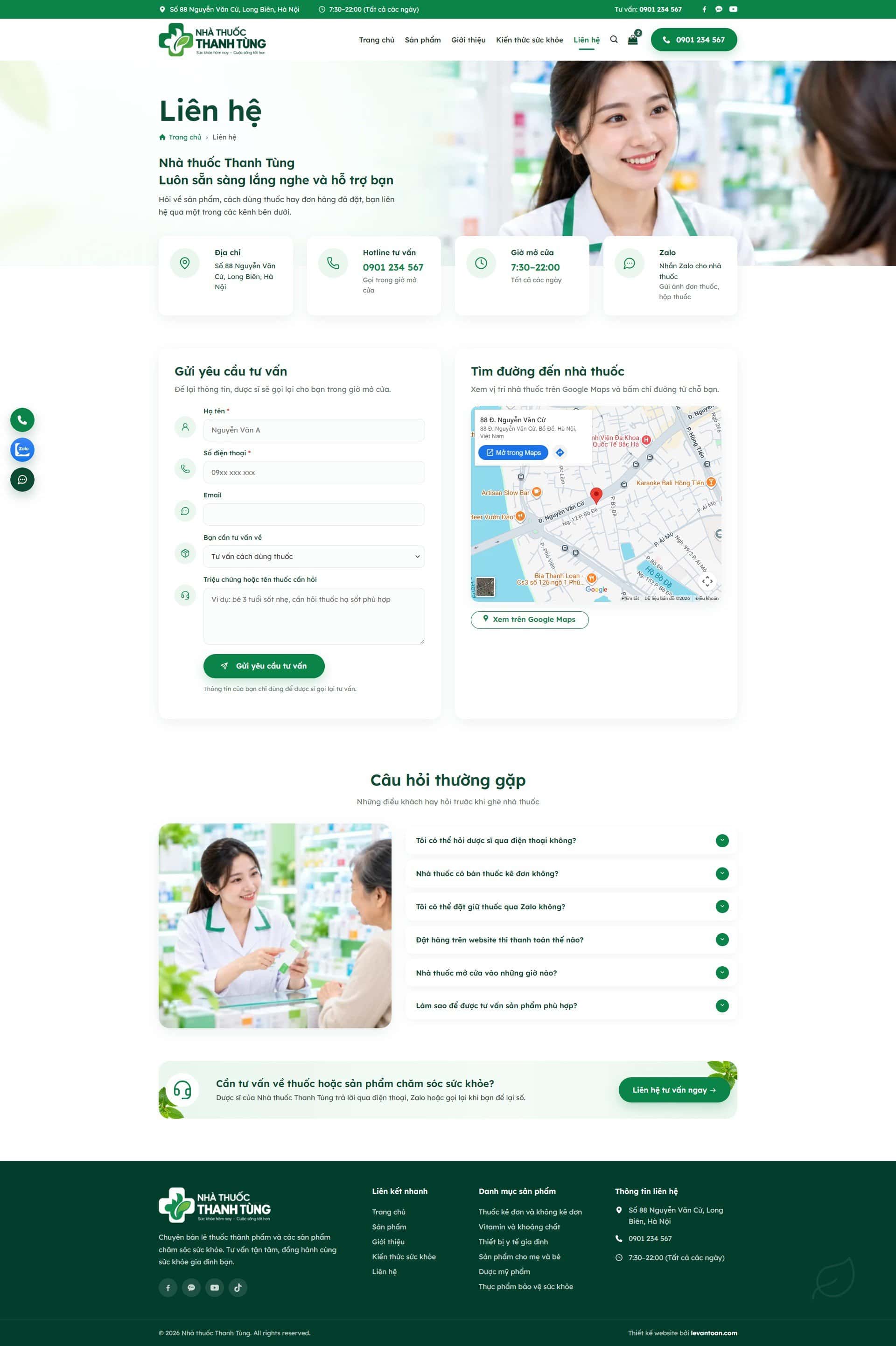 Trang liên hệ nhà thuốc: hotline, giờ mở cửa, Zalo, form tư vấn, bản đồ